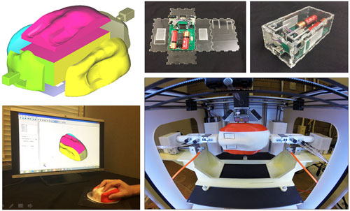 A new system allows a 3-D printer to produce functioning products with enclosed electronic and motorized components and customized devices such as a computer mouse molded to a user's hand