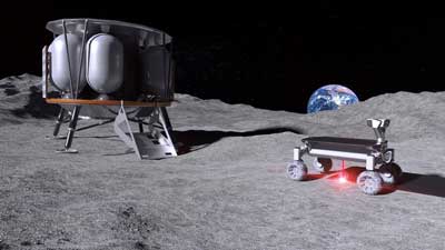 Left the lunar module ALINA, right the rover with the MOONRISE technology – with the laser switched on, melting moon dust