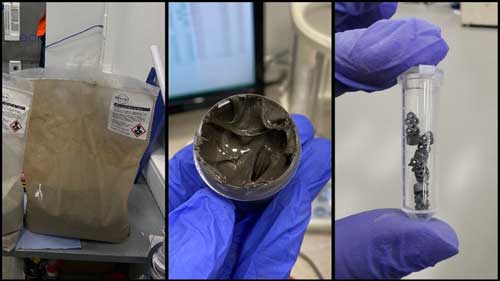 From left to right: lunar regolith simulants, resulting paste, and stereolithographic printed samples