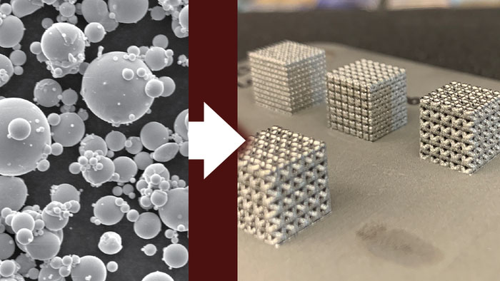 electron micrograph of nickel-titanium powder on the left and 3D-printed nickel-titanium lattices