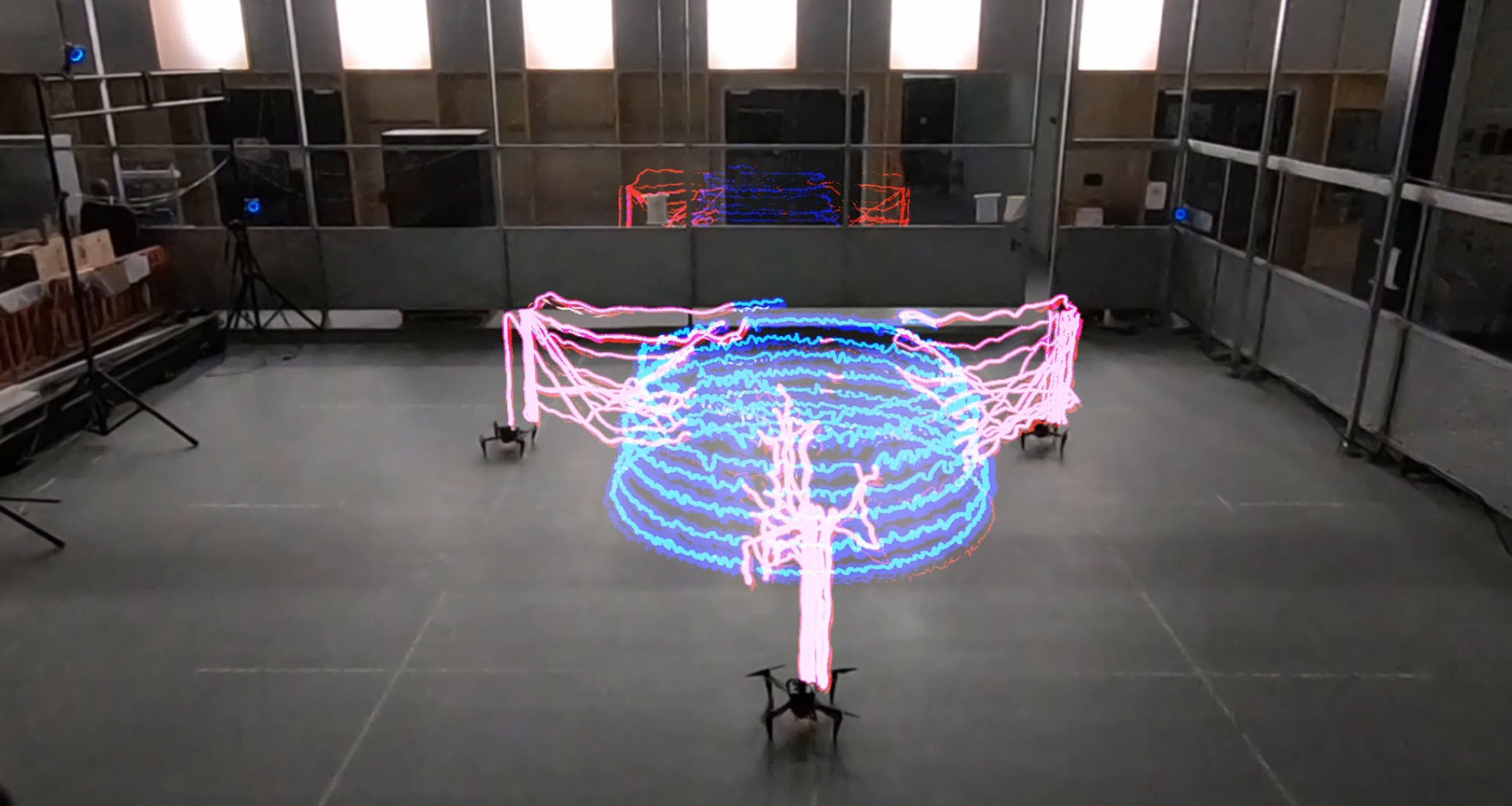 A simulation of potential future building projects 3D printed by flying drones