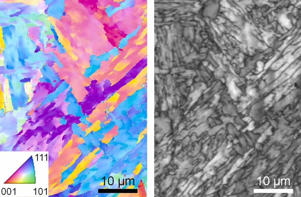 Side-by-side micrographs show elongated grains inside 3D-printed stainless steel
