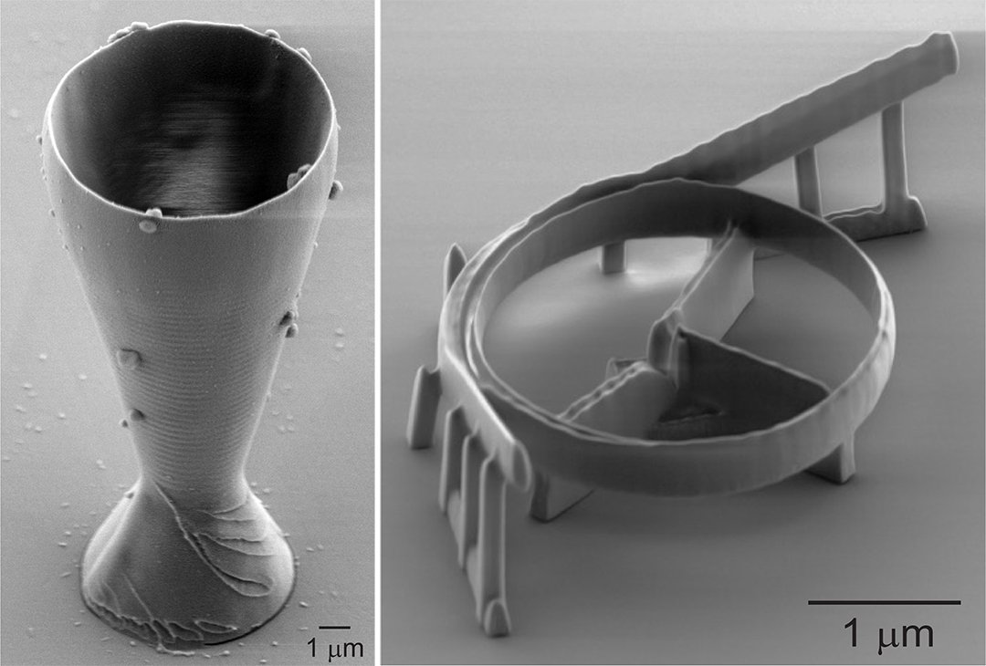 The world’s smallest 3D-printed wineglass (left) and an optical resonator for fiber optic telecommunications, photographed with scanning electron microscopy