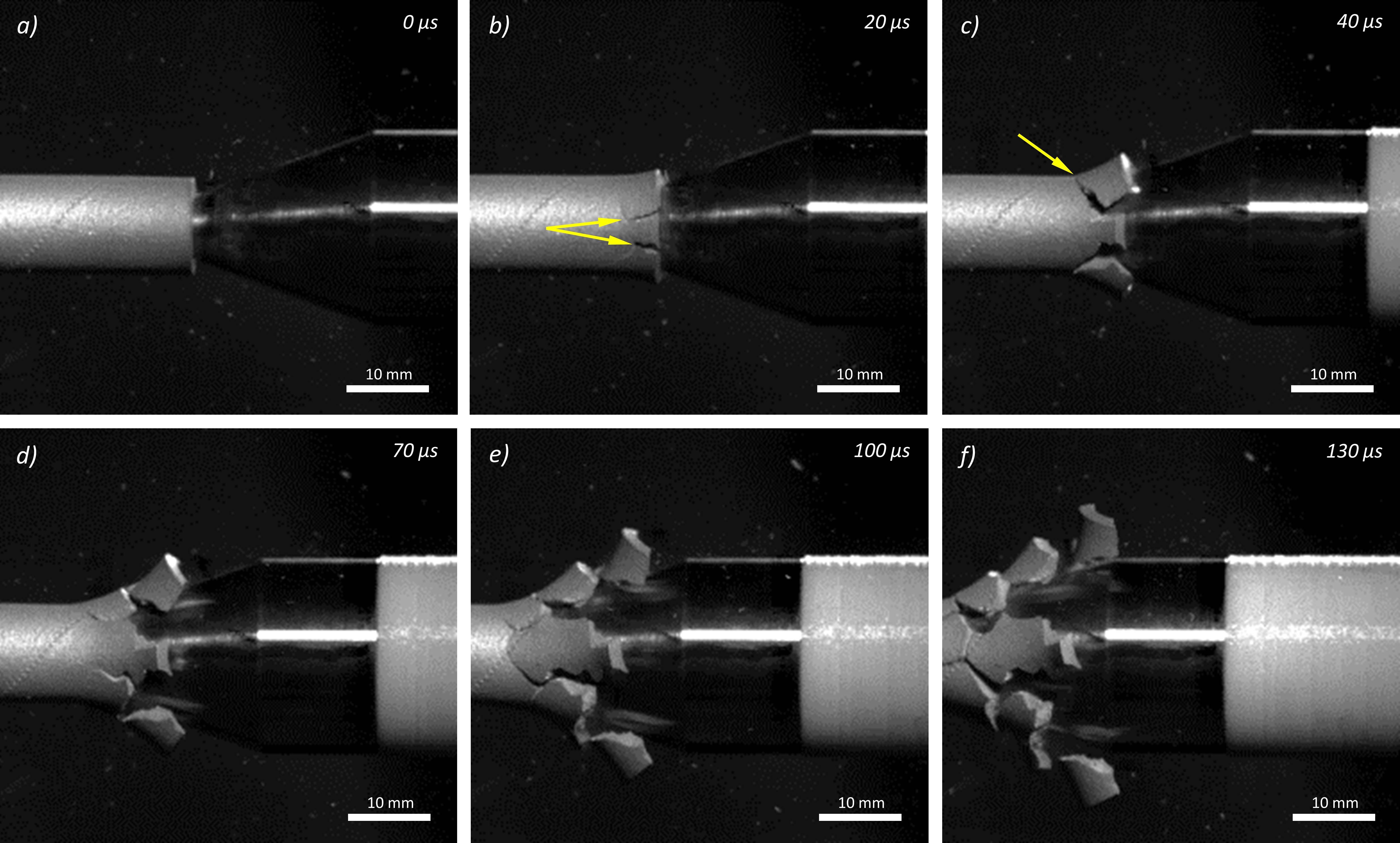 Sequence of frames taken from a high-speed camera recording of the impact of the projectile on the tube during experiments
