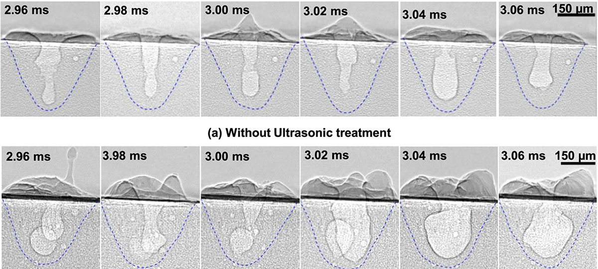 X-ray images of melt pool dynamics and solidification in an AM part with and without ultrasonic treatment