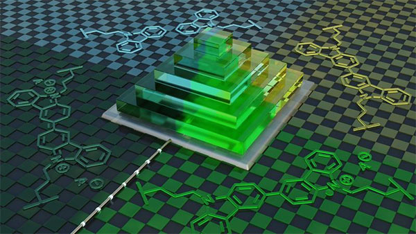 Visualization of a 3D-printed pyramid displaying electrochromic behavior. Due to the different redox states of the conducting material it reversibly changes color in response to electrochemical stimulation.