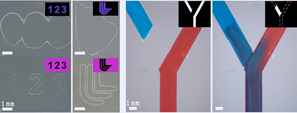 In the left panel (a), low resolution printed shapes are shown at top and corrected shapes are shown at bottom. In the right panel (b), hybrid manufacturing is used to correct a gap in a fluidic structure.