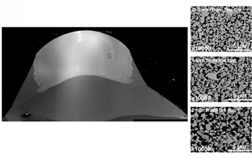 Scanning electron microscope image of a cemented carbide mold at the final stage of formation, produced using a laser-leading method with a Nickel-based alloy inserted in the middle layer