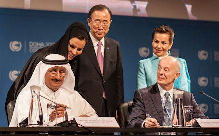 Faisal Al Suwaidi and H.H. Sheikha Moza bint Nasser, both of Qatar Foundation, UN Secretary-General Ban Ki Moon, UNFCCC-chief Christiana Figueres, and PIK's director Hans Joachim Schellnhuber