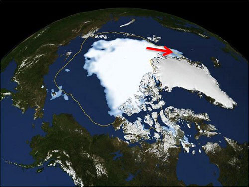 Current Arctic sea ice (bluish white) compared with the 1979-2010 average sea ice minimum
