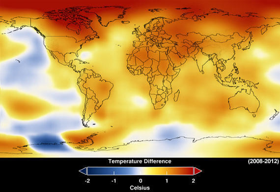 global temperature anomalies averaged from 2008 through 2012