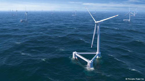 A floating wind turbine sits on the surface of the water