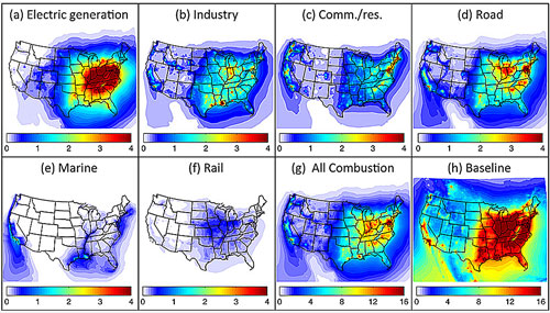 annual average concentrations of fine particulates from U.S. sources of combustion emissions