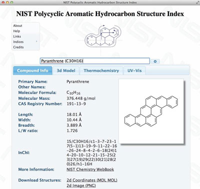 A screenshot from the NIST Polycyclic Aromatic Hydrocarbon Structure Index