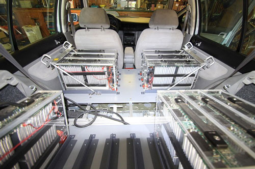 inside of a Volkwagen Golf outfitted with battery modules
