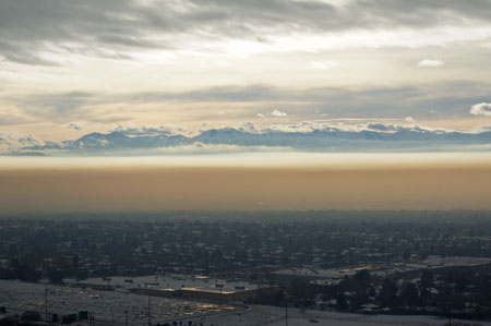 A winter temperature inversion traps smog over the Salt Lake Valley