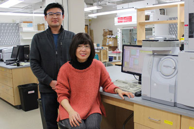 Chemistry Professor Kyoung-Shin Choi (right) and postdoctoral researcher Hyun Gil Cha