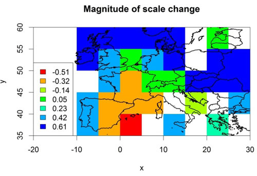 Map of Central Europe showing where the CRUTEM4v temperature data show a change in entropy