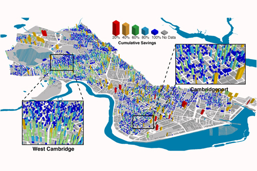 In this image of Cambridge, Massachusetts, the colors represent which buildings could be retrofitted to obtain different percentages of total energy savings