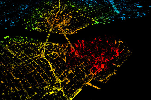 Nighttime image of New York City, with the red showing a large population density
