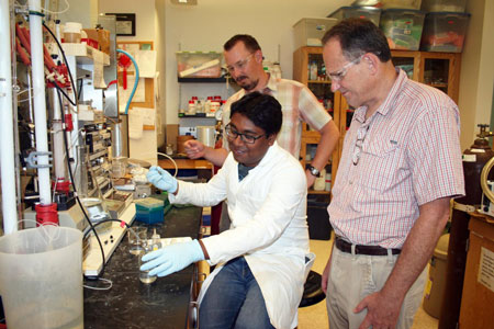 Utah State University biochemists Sudipta Shaw, Derek Harris and Lance Seefeldt