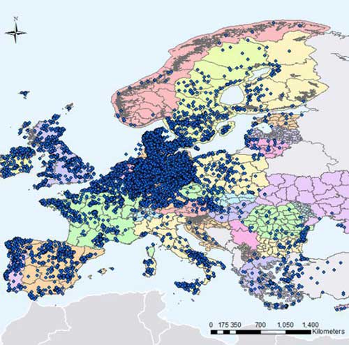 Wind farms locations across Europe