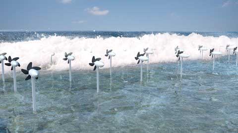 Arrays of small Wave Energy Converter harness electricity from the vortex flow of breaking waves