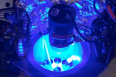 The setup of the photoredox polymerization in the glove box with a cold trap, irradiated by the blue LED light