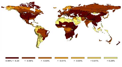 The figure shows the predicted decline in forested areas across the world under the assumption that a tax on conventional plastics will increase the share of bioplastics relative to total plastic consumption to 5