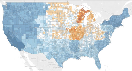 Map shows counties where battery electric cars provide greater emissions benefits in blue, and those where lightweight gasoline-powered vehicles would have a greater benefit in red