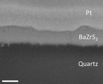 Scanning electron microscopy image of a BaZrS3 film deposited on quartz