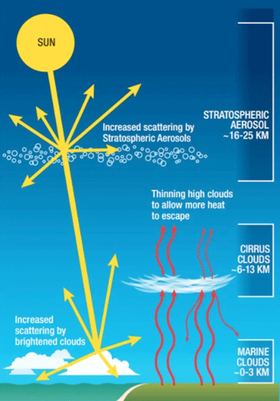 three solar geoengineering options: stratospheric aerosol injection, marine cloud brightening and cirrus cloud thinning
