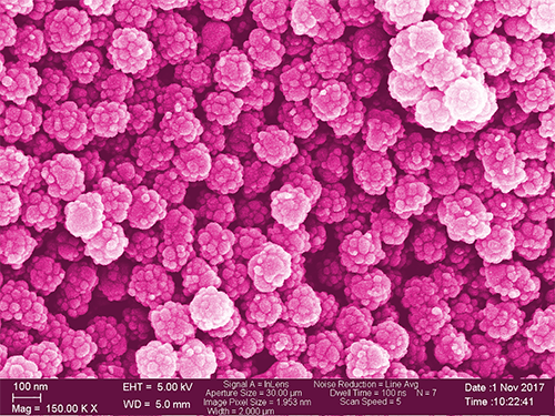 Nanoplastics, electron microscopy image, colored, 150.000x