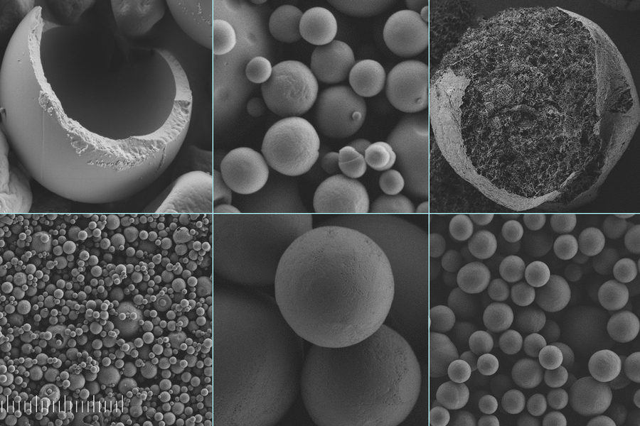 scanning electron microscope images show silk-coated microcapsules containing vitamin C, at different scales of detail