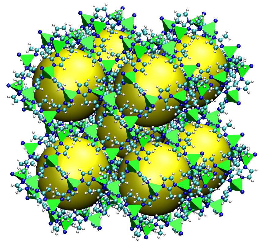 Crystal structure is shown as an open cube with nine empty spaces marked by spheres