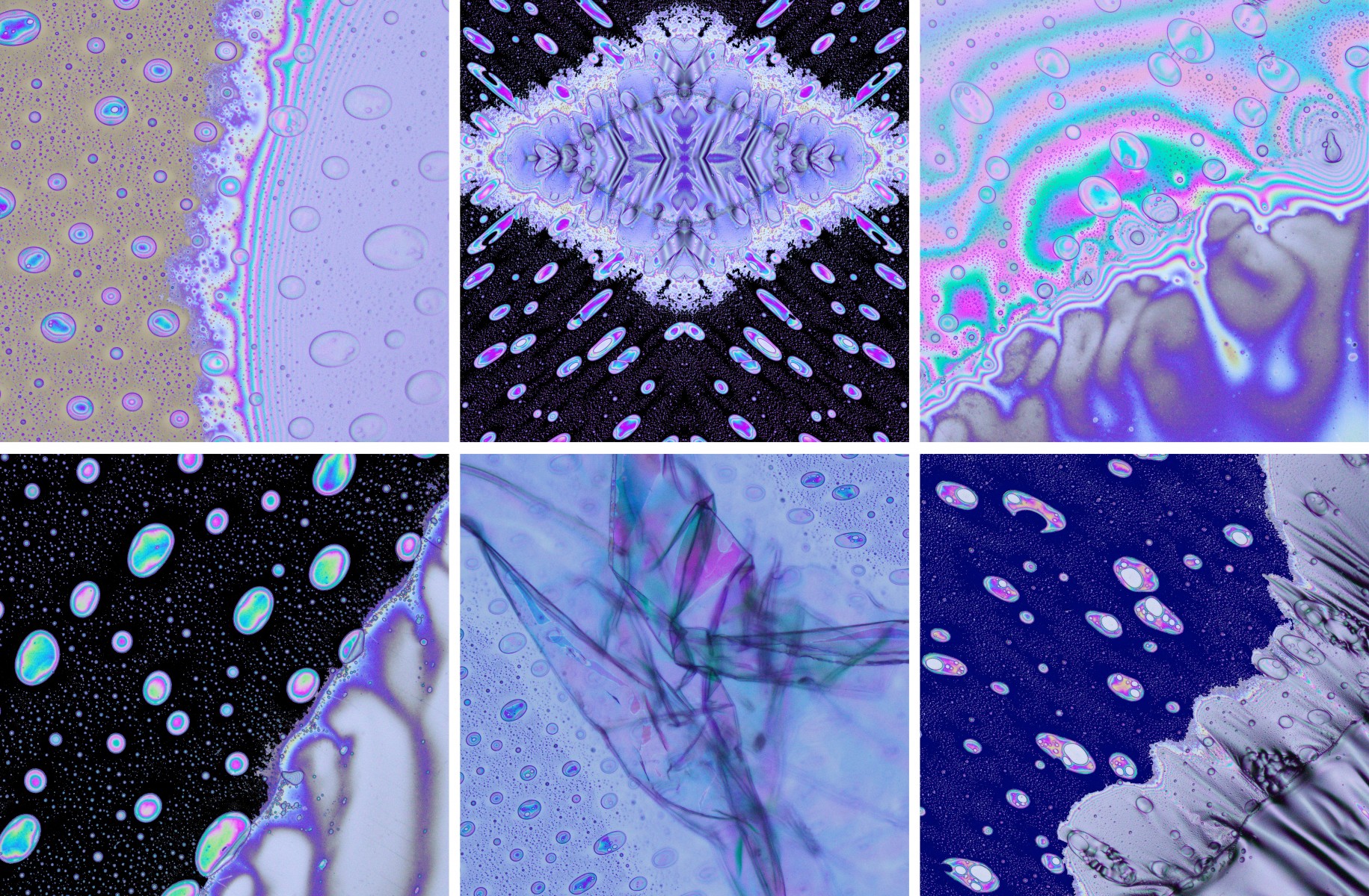 This collection of microscope photos depicts the  moments of dynamic particles moving towards various freestanding membranes at the air-liquid interface