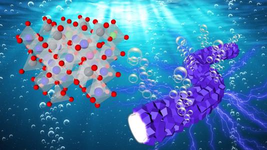 Oxygen bubbles evolving from fibrous, interconnected catalyst particles (right) during electrocatalytic reaction with water. Lattice structure for cobalt-based catalyst on left.