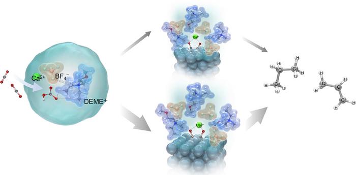The CO2 conversion process at the interface between DEME-BF4 electrolytes containing Ca(OH)2 aqueous solution and silver electrodes