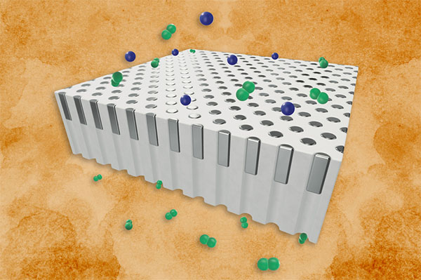 Schematic illustration of a membrane showing selective permeation of hydrogen (green) from a mixture of hydrogen and helium (blue) gases