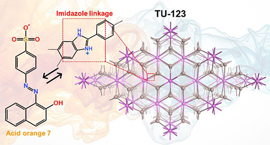 Conceptual illustration of anionic dye adsorption using the imidazole-linked, highly connected three-dimensional COF TU-123