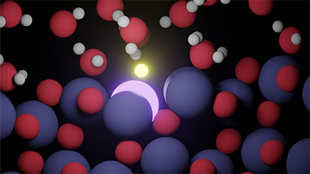 Lowering the electrode potential charges a single Ti atom (purple) negatively. The forming polarons enable hydrogen (yellow) to bind to the surface and activate the hydrogen evolution reaction on the TiO2 surface.