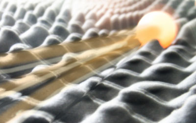 electron traveling through a potential field with charge traps in plastic electronics