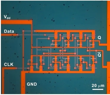 An optical-microscope image shows a complex integrated circuit, called a JK flip-flop circuit, a basic logic device, made on a piece of molybdenum disulfide