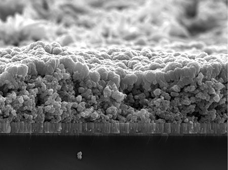 This cross-section image shows nanoparticles of copper zinc tin sulfide laid down to create a solar cell. 
