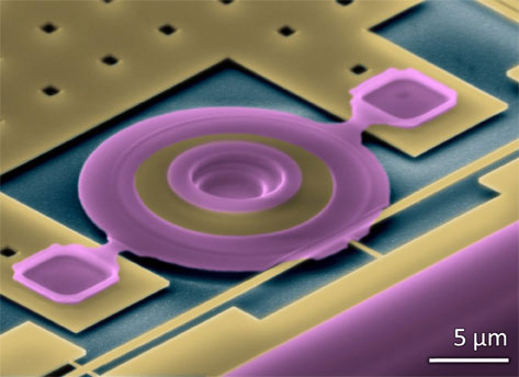 False-color scanning electron micrograph of a nanophotonic motion sensor