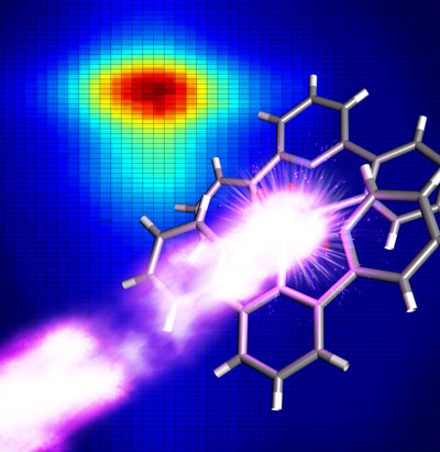 Illustration of ultra-short x-ray pulse striking molecules containing manganese