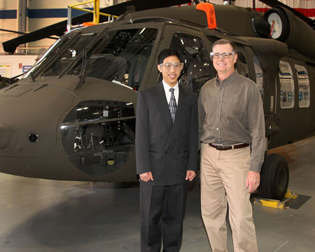 Ethan Chu toured the BLACK HAWK helicopter production line with Sikorsky Chief Test Engineer Vern Van Fleet