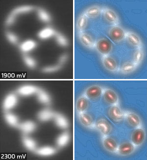 a benzene-like molecule known as HBC has a quantized electron density around its ring framework