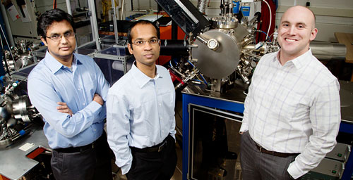 Professor Lane Martin, right, with graduate student Karthik Jambunathan, center, and postdoctoral researcher Vengadesh Mangalam