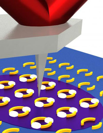 Infrared laser light (purple) excites ring-shaped nanoscale plasmonic resonator structures
